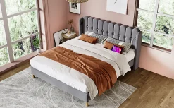 Redom Lit 140x200 cm avec rangement d'appoint et tête de lit tapissée en lin gris, charge USB-C intégrée* Ensemble Sommier Et Matelas