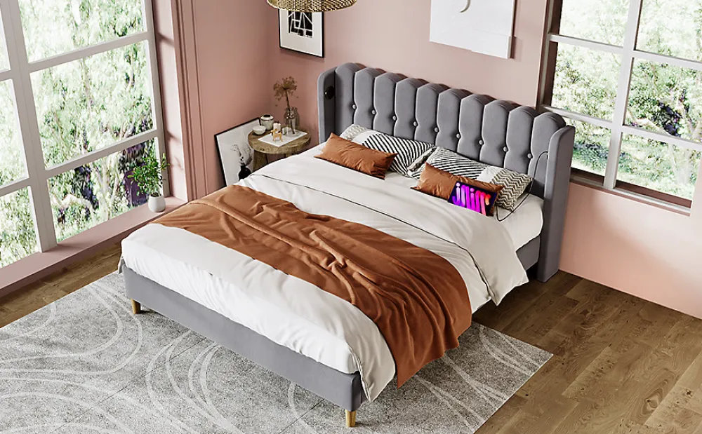 Redom Lit 140x200 cm avec rangement d'appoint et tête de lit tapissée en lin gris, charge USB-C intégrée* Ensemble Sommier Et Matelas