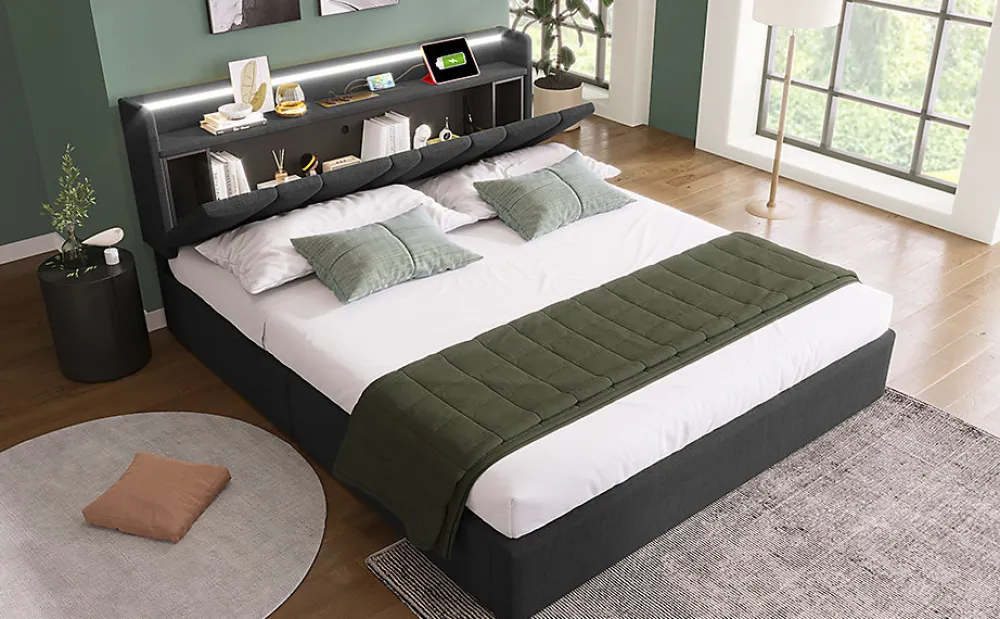 Lit 140x200 cm avec rangement et tete de lit equipee de prises USB Type C, LED RGBW, tapisse lin gris>Redom Hot
