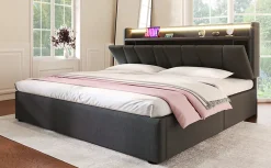Lit 140x200 cm avec rangement et tete de lit equipee de prises USB Type C, LED RGBW, tapisse lin gris><noscript><img width=