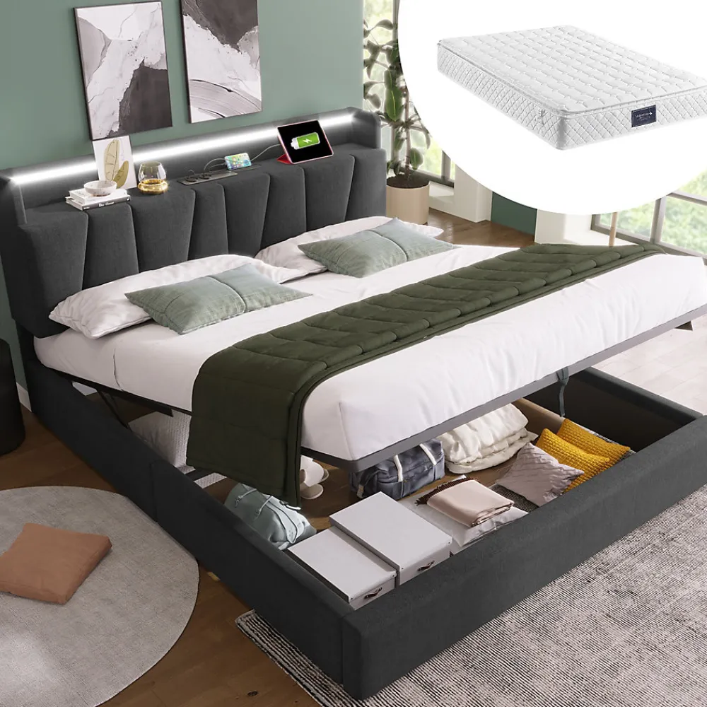 Lit 140x200 cm avec rangement et tete de lit equipee de prises USB Type C, LED RGBW, tapisse lin gris>Redom Hot