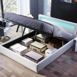 Lit 140x200 cm avec rangement et tête de lit rembourrée éclairée, revêtement PU blanc, cadre MDF>Redom Sale