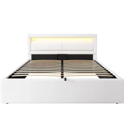 Lit 140x200 cm avec rangement et tête de lit rembourrée éclairée, revêtement PU blanc, cadre MDF><noscript><img width=