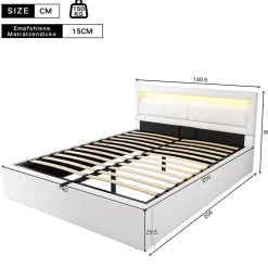 Lit 140x200 cm avec rangement et tête de lit rembourrée éclairée, revêtement PU blanc, cadre MDF><noscript><img width=