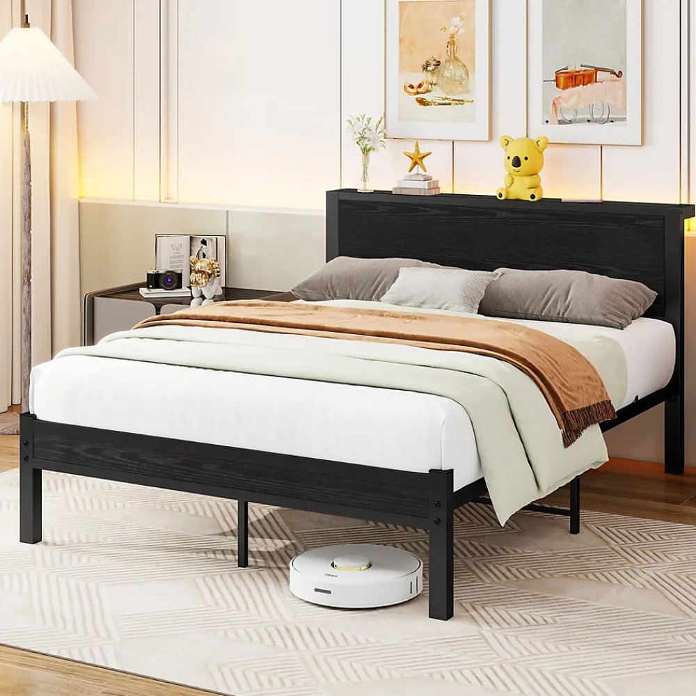 Lit 140x200 cm avec rangement et tête de lit en MDF, cadre métal noir, design moderne et intemporel>Redom Best