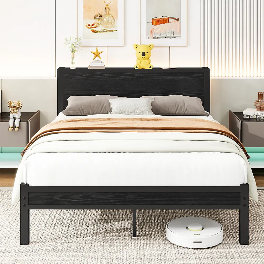 Lit 140x200 cm avec rangement et tête de lit en MDF, cadre métal noir, design moderne et intemporel>Redom Best