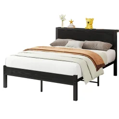 Lit 140x200 cm avec rangement et tête de lit en MDF, cadre métal noir, design moderne et intemporel><noscript><img width=