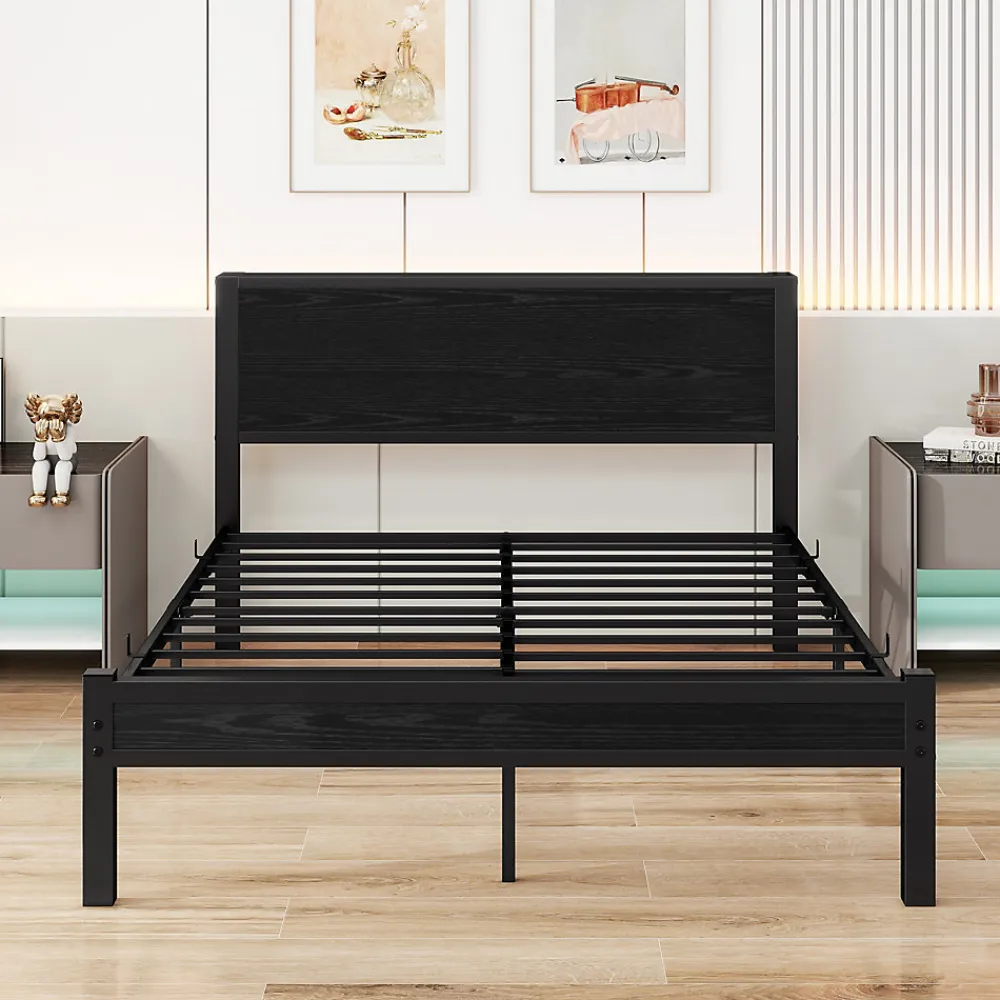 Lit 140x200 cm avec rangement et tête de lit en MDF, cadre métal noir, design moderne et intemporel>Redom Best