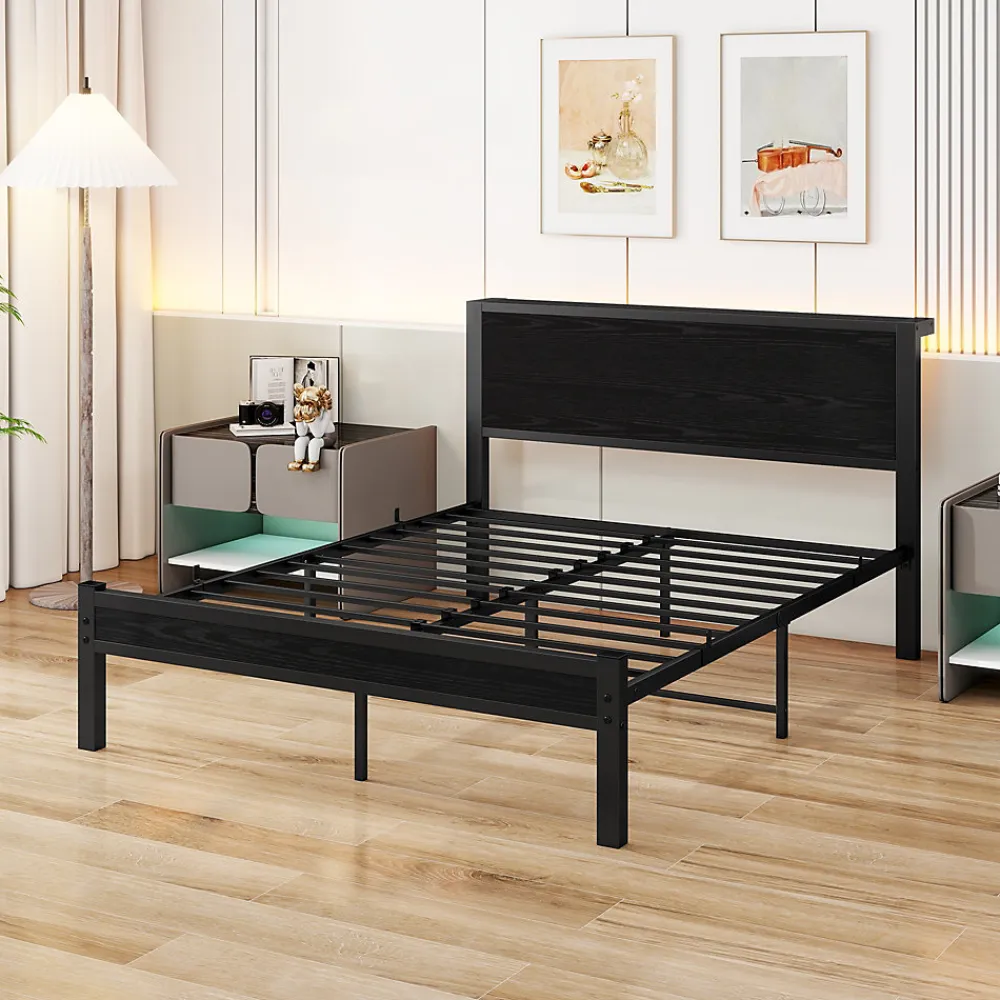 Lit 140x200 cm avec rangement et tête de lit en MDF, cadre métal noir, design moderne et intemporel>Redom Best