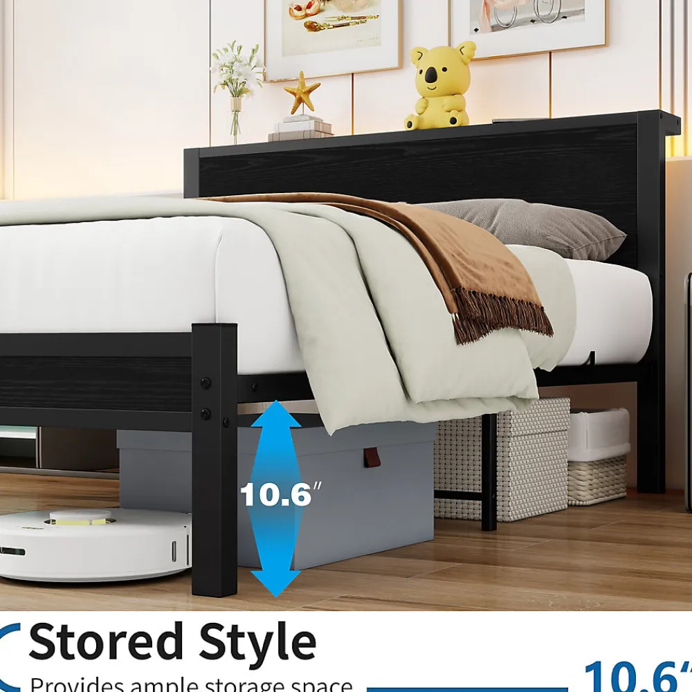 Lit 140x200 cm avec rangement et tête de lit en MDF, cadre métal noir, design moderne et intemporel>Redom Best