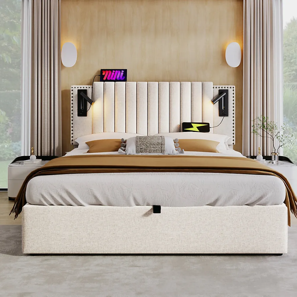 Lit 160x200 cm avec rangement et tête de lit réglable en tissu beige riveté, lampe de lecture et ports USB>Redom Clearance