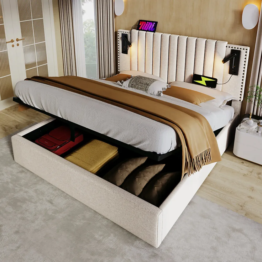 Lit 160x200 cm avec rangement et tête de lit réglable en tissu beige riveté, lampe de lecture et ports USB>Redom Clearance