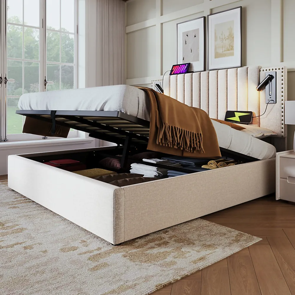 Lit 160x200 cm avec rangement et tête de lit réglable en tissu beige riveté, lampe de lecture et ports USB>Redom Clearance