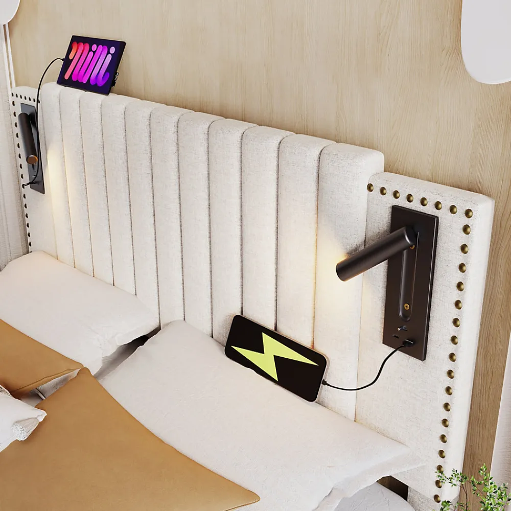 Lit 160x200 cm avec rangement et tête de lit réglable en tissu beige riveté, lampe de lecture et ports USB>Redom Clearance