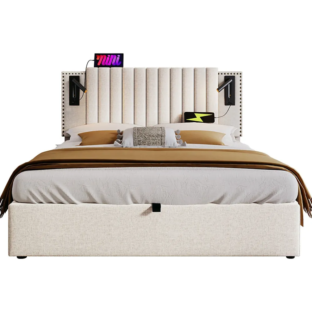 Lit 160x200 cm avec rangement et tête de lit réglable en tissu beige riveté, lampe de lecture et ports USB>Redom Clearance