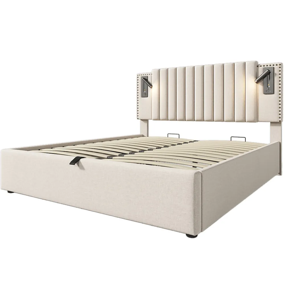 Lit 160x200 cm avec rangement et tête de lit réglable en tissu beige riveté, lampe de lecture et ports USB>Redom Clearance
