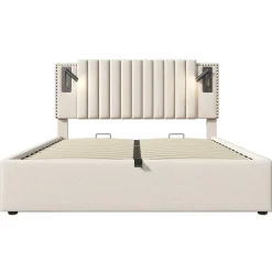 Lit 160x200 cm avec rangement et tête de lit réglable en tissu beige riveté, lampe de lecture et ports USB><noscript><img width=
