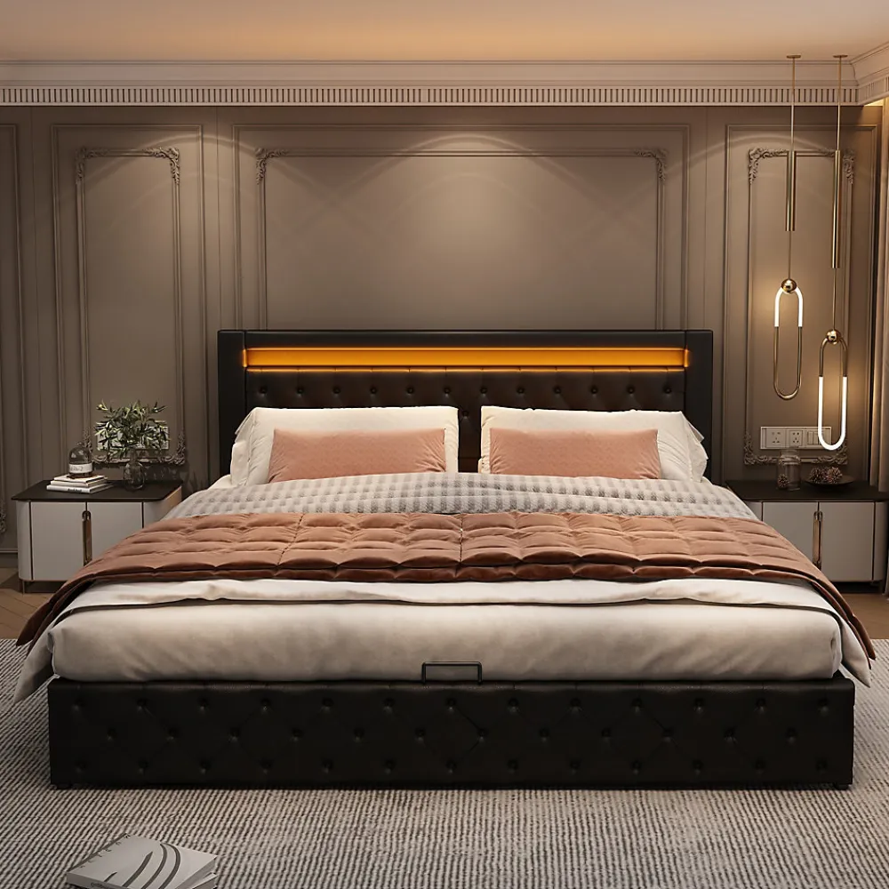 Lit 140x200 cm avec rangement et tête de lit rembourrée, éclairage LED réglable, revêtement PU noir>Redom New