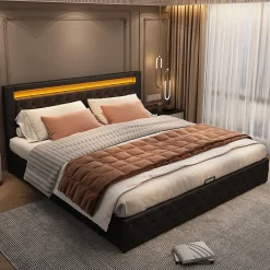 Lit 140x200 cm avec rangement et tête de lit rembourrée, éclairage LED réglable, revêtement PU noir>Redom New