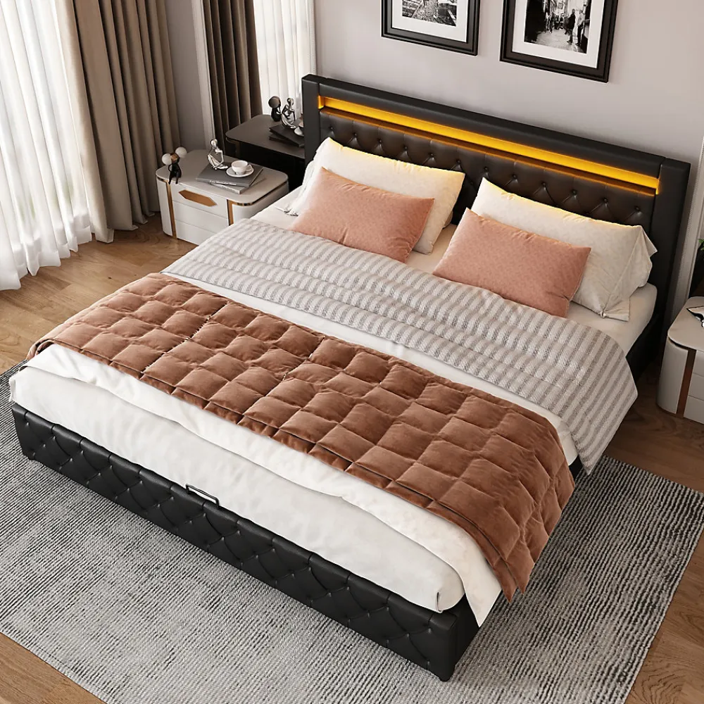 Lit 140x200 cm avec rangement et tête de lit rembourrée, éclairage LED réglable, revêtement PU noir>Redom New