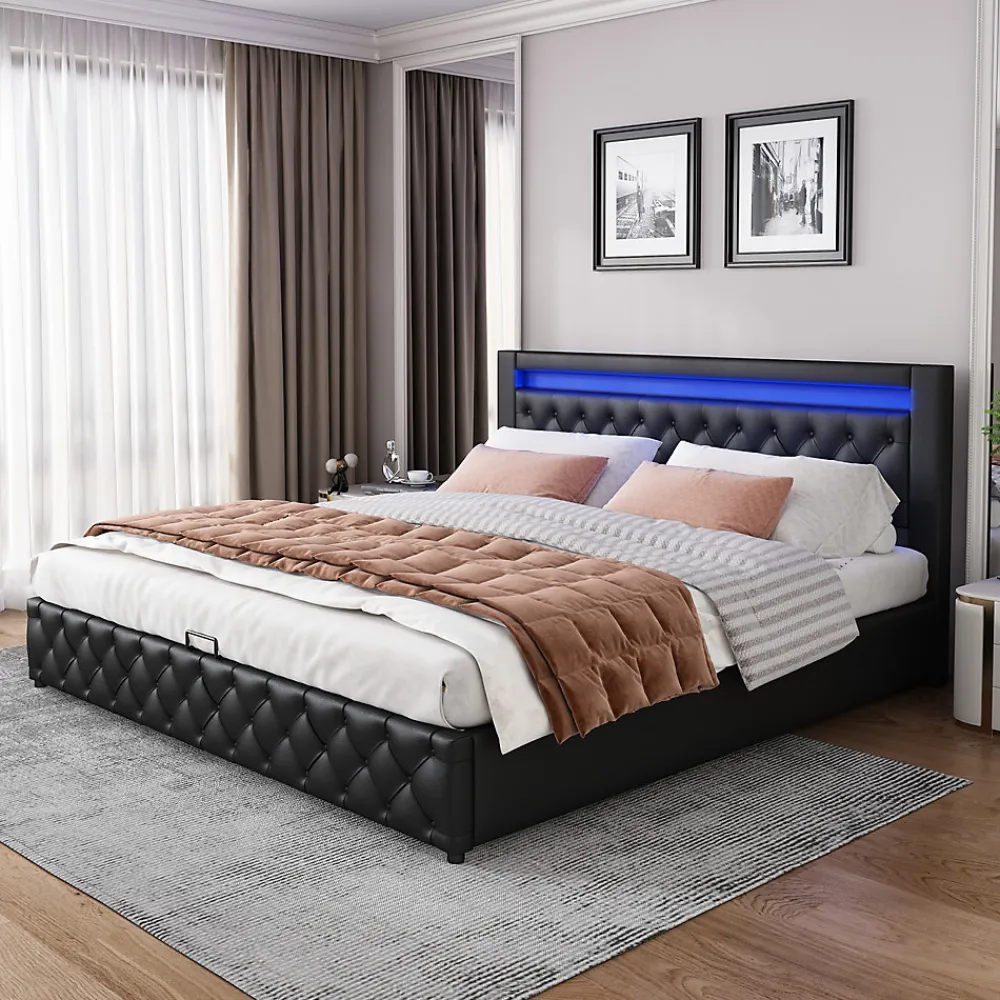 Lit 140x200 cm avec rangement et tête de lit rembourrée, éclairage LED réglable, revêtement PU noir>Redom New