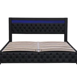 Lit 140x200 cm avec rangement et tête de lit rembourrée, éclairage LED réglable, revêtement PU noir><noscript><img width=