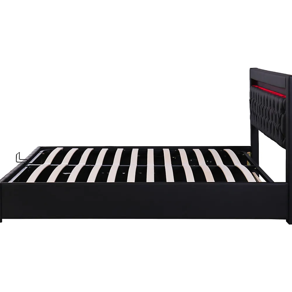Lit 140x200 cm avec rangement et tête de lit rembourrée, éclairage LED réglable, revêtement PU noir>Redom New
