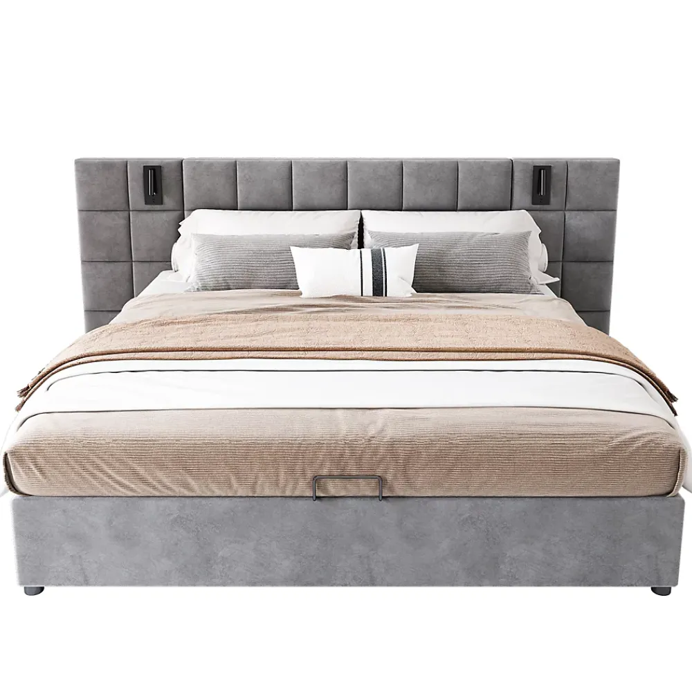 Redom Lit 160x200 cm avec rangement hydraulique et tête de lit capitonnée en velours gris, cadre acier robuste* Lit Avec Rangement