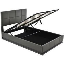 Redom Lit 140x200 cm avec rangement hydraulique et éclairage LED, tapissé simili cuir gris, cadre métal robuste* Lit Avec Rangement