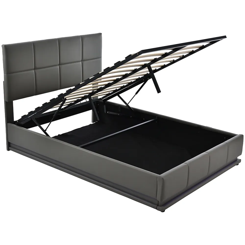 Redom Lit 140x200 cm avec rangement hydraulique et éclairage LED, tapissé simili cuir gris, cadre métal robuste* Lit Avec Rangement