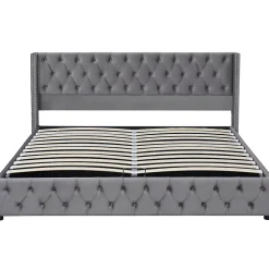 Redom Lit 160x200 cm avec rangement hydraulique et tête de lit capitonnée en velours gris, cadre bois et structure métal* Lit Avec Rangement