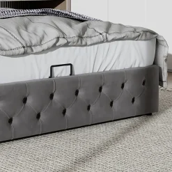 Redom Lit 160x200 cm avec rangement hydraulique et tête de lit capitonnée en velours gris, cadre bois et structure métal* Lit Avec Rangement