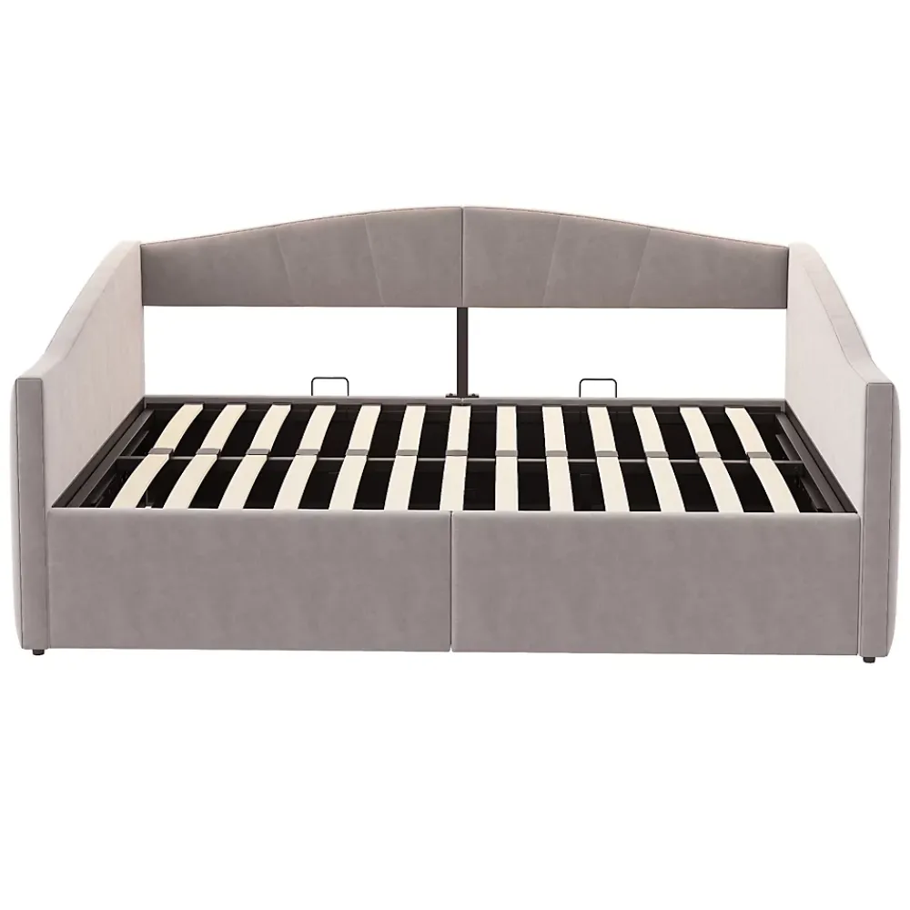 Redom Lit 140x200 cm avec rangement hydraulique et revêtement velours gris clair, convertible, design contemporain* Lit Avec Rangement