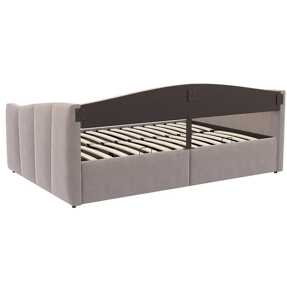 Redom Lit 140x200 cm avec rangement hydraulique et revêtement velours gris clair, convertible, design contemporain* Lit Avec Rangement