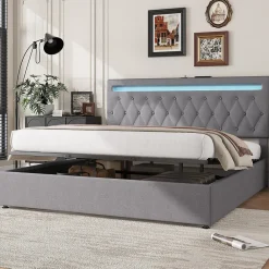 Redom Lit 180x200 cm avec rangement hydraulique et tête de lit tapissée en lin gris, éclairage LED pilotable* Lit Avec Rangement