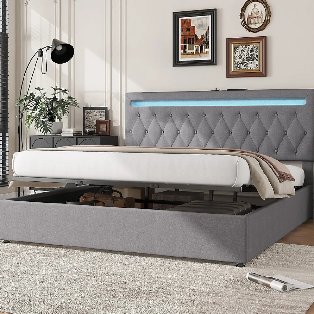 Redom Lit 180x200 cm avec rangement hydraulique et tête de lit tapissée en lin gris, éclairage LED pilotable* Lit Avec Rangement
