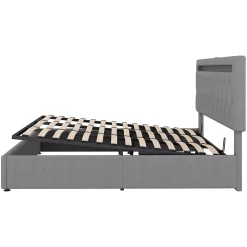 Redom Lit 180x200 cm avec rangement hydraulique et tête de lit tapissée en lin gris, éclairage LED pilotable* Lit Avec Rangement