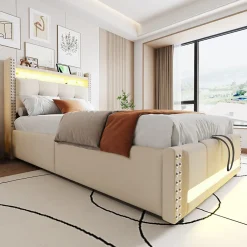 Lit 90x200 cm avec rangement hydraulique, tête de lit étagères, LED multicolore et prise USB, tapissé lin beige>Redom Hot