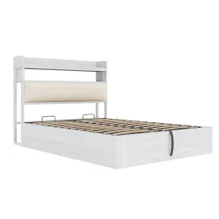 Redom Lit 140x200 cm avec rangement hydraulique intégré, tête de lit rembourrée et cadre métal bois blanc vintage* Lit Avec Rangement