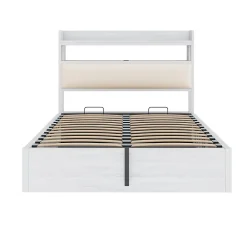Redom Lit 140x200 cm avec rangement hydraulique intégré, tête de lit rembourrée et cadre métal bois blanc vintage* Lit Avec Rangement
