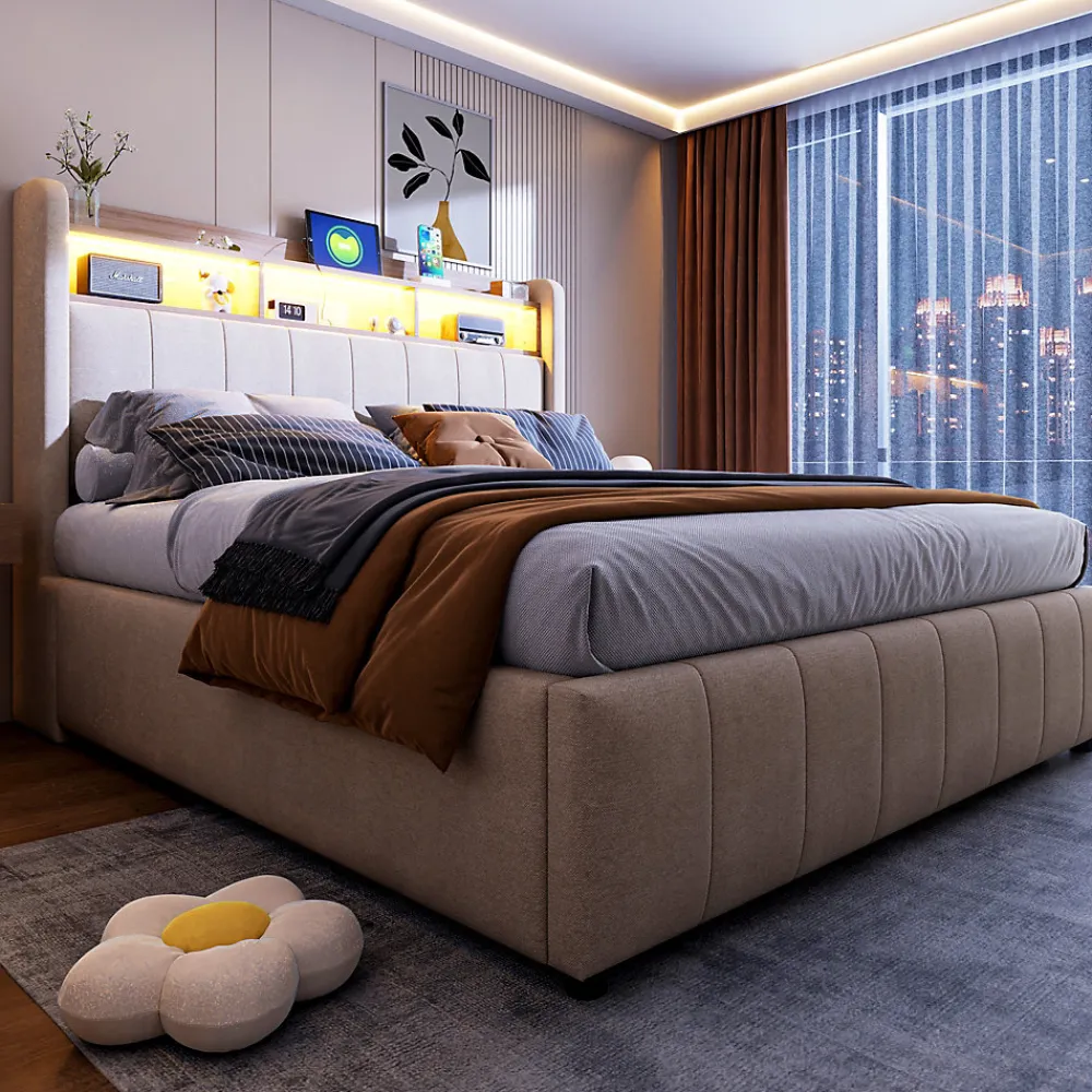Lit 140x200 cm avec rangement hydraulique et tête de lit LED, revêtu de lin beige au design contemporain>Redom Hot