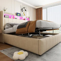 Lit 140x200 cm avec rangement hydraulique et tête de lit LED, revêtu de lin beige au design contemporain><noscript><img width=