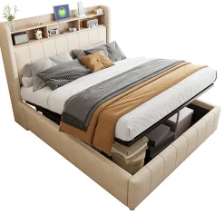Lit 140x200 cm avec rangement hydraulique et tête de lit LED, revêtu de lin beige au design contemporain><noscript><img width=