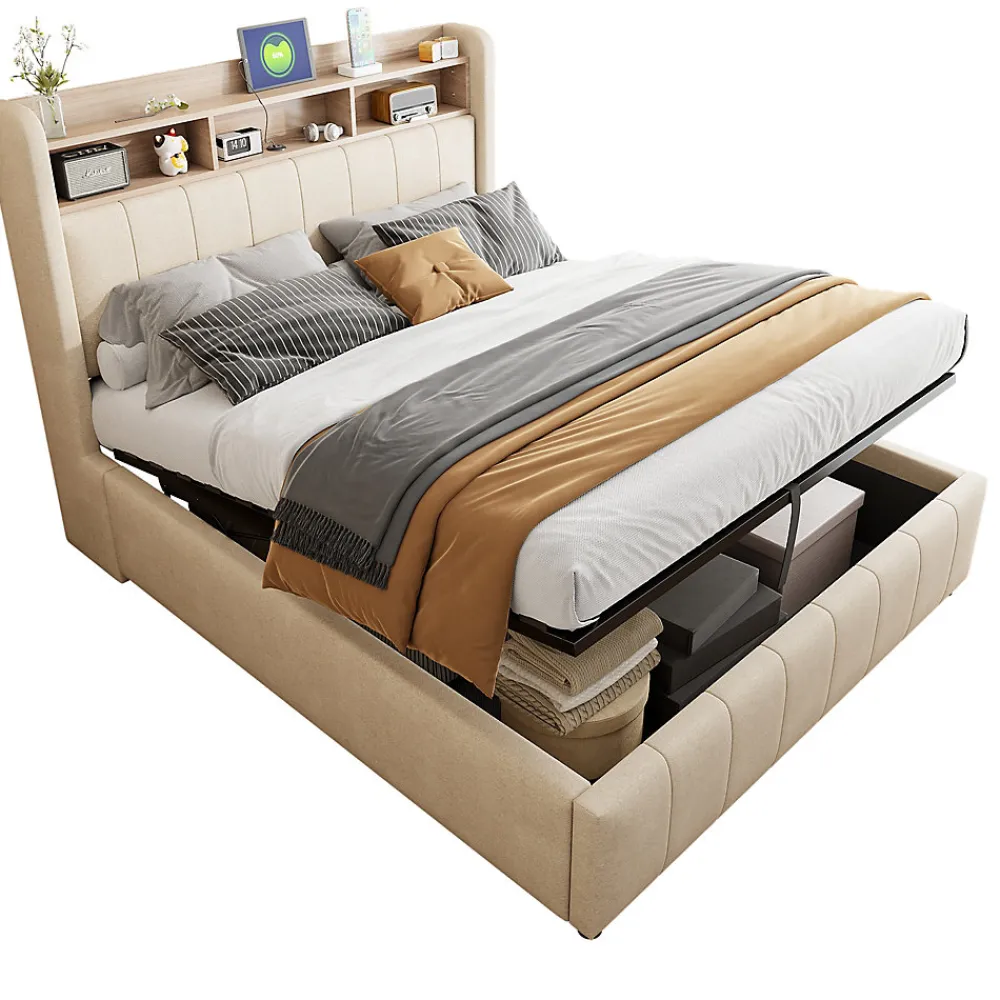 Lit 140x200 cm avec rangement hydraulique et tête de lit LED, revêtu de lin beige au design contemporain>Redom Hot