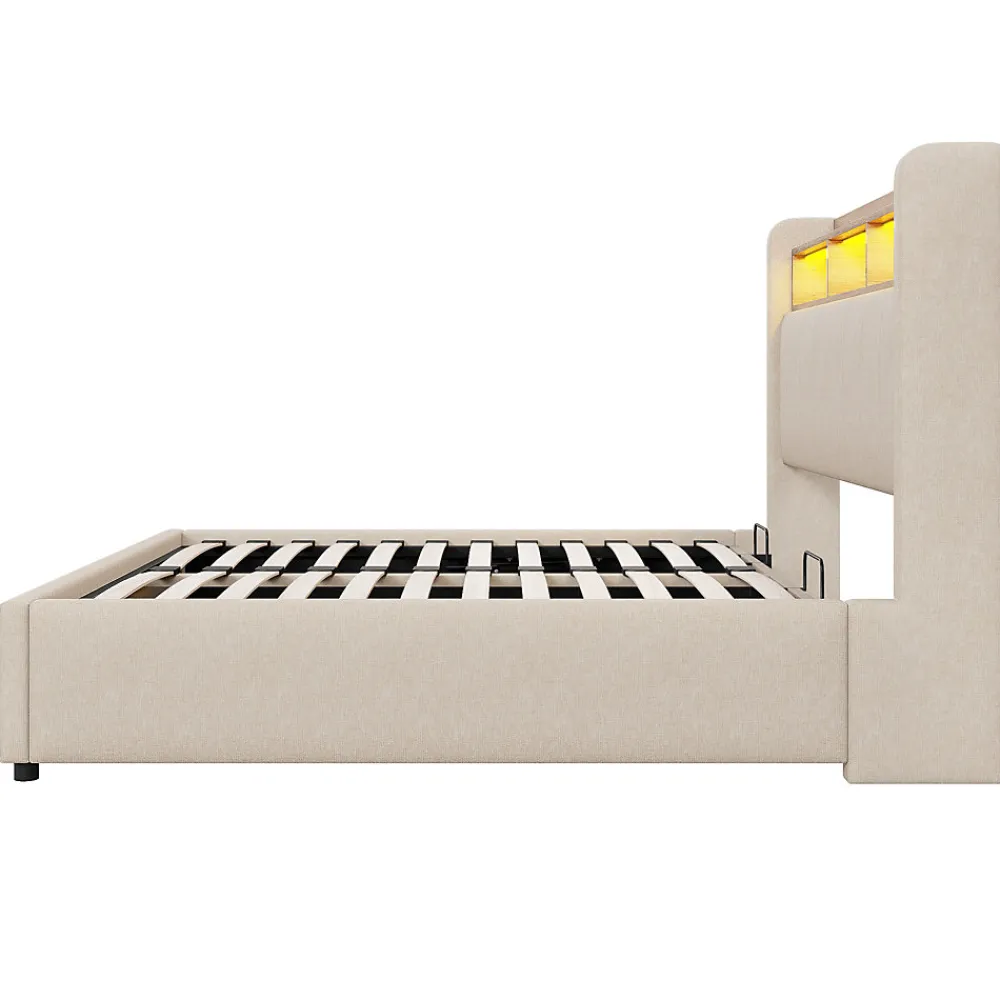 Lit 140x200 cm avec rangement hydraulique et tête de lit LED, revêtu de lin beige au design contemporain>Redom Hot
