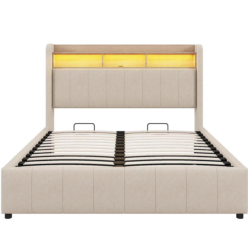 Lit 140x200 cm avec rangement hydraulique et tête de lit LED, revêtu de lin beige au design contemporain>Redom Hot