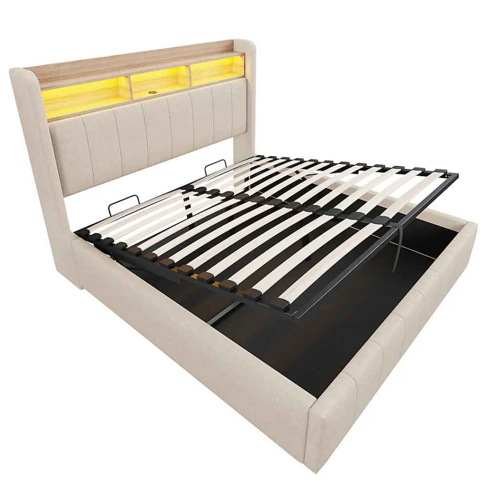 Lit 140x200 cm avec rangement hydraulique et tête de lit LED, revêtu de lin beige au design contemporain>Redom Hot