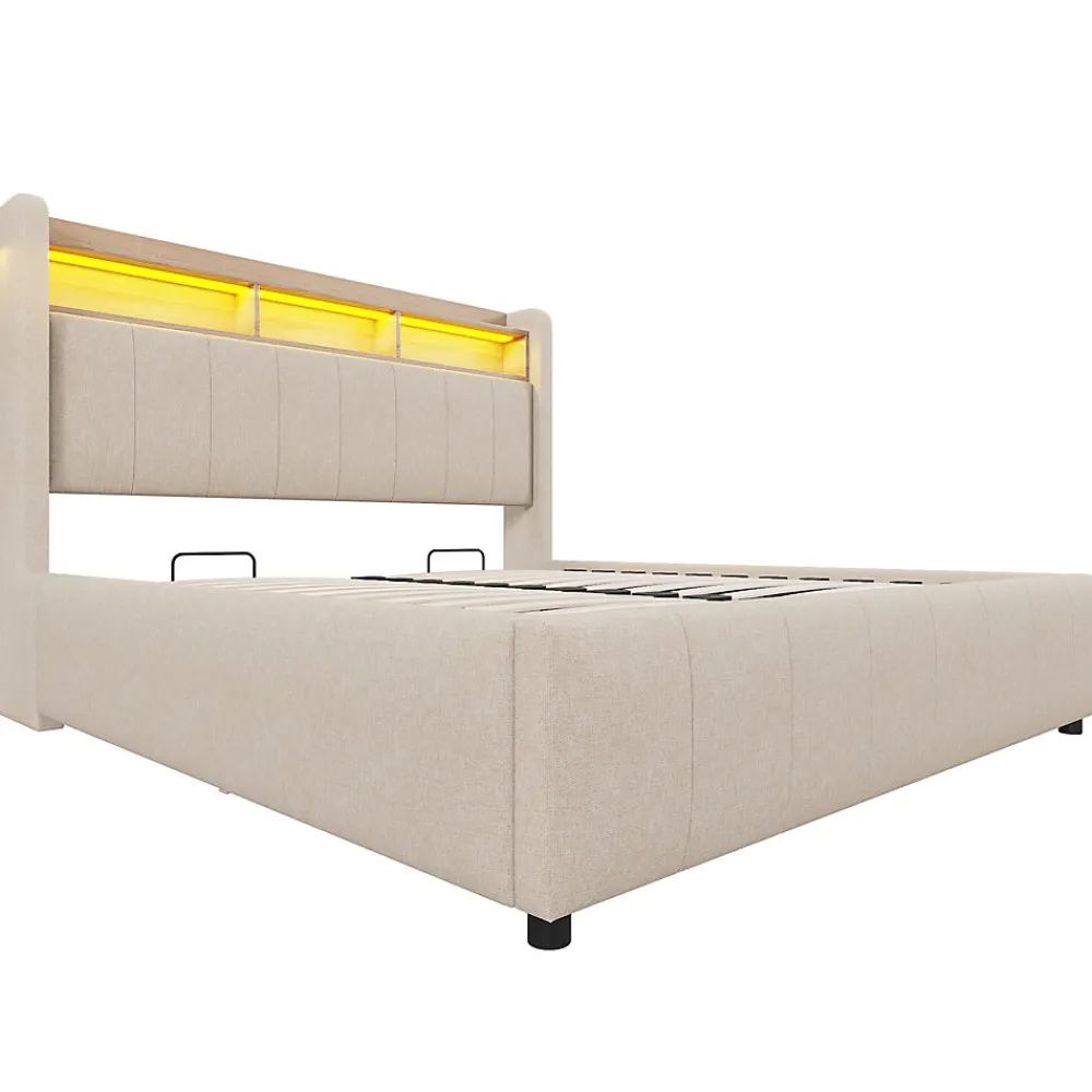 Lit 140x200 cm avec rangement hydraulique et tête de lit LED, revêtu de lin beige au design contemporain>Redom Hot