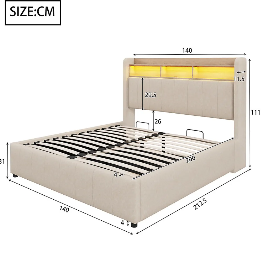 Lit 140x200 cm avec rangement hydraulique et tête de lit LED, revêtu de lin beige au design contemporain>Redom Hot