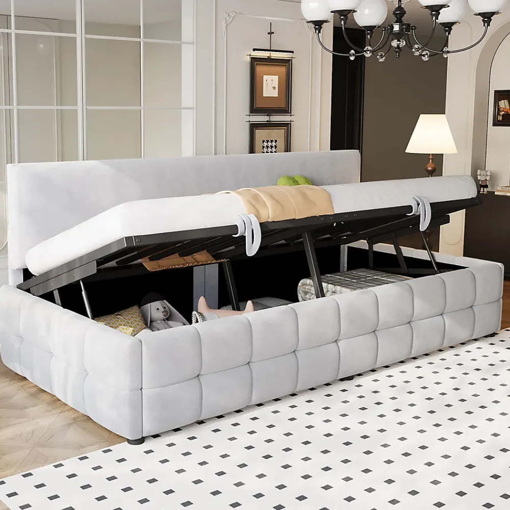 Redom Lit 90x200 cm avec rangement hydraulique, tapissé velours gris clair, sans accoudoirs, design moderne* Lit Avec Rangement
